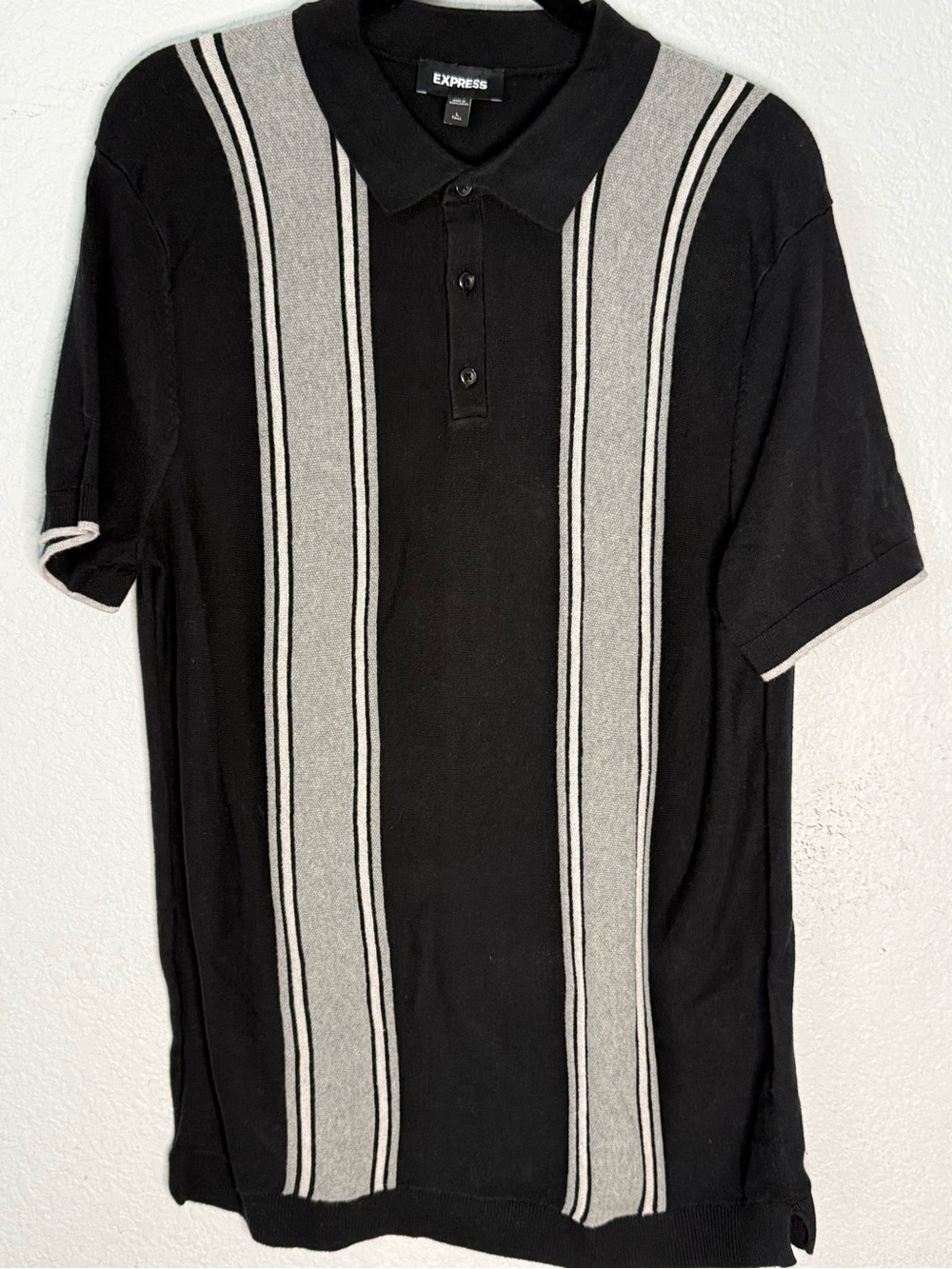 Express Black Polo with Gray Vertical Stripe Panels